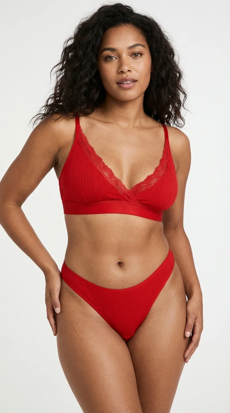 LunaIntim Kırmızı Fitilli Bralet Takım Dantel Şeritli ve Balensiz Günlük Set - Yakın Plan Dantel İşleme